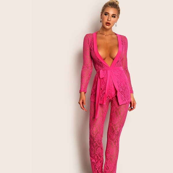 

Neon Pink Sheer Lace Top and Knicker Insert Pants Set