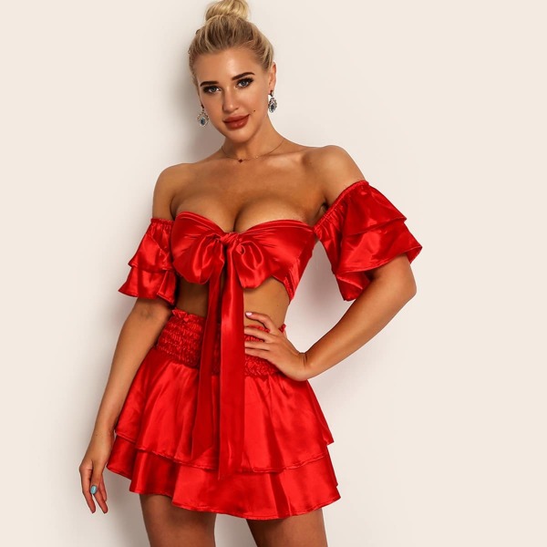 

Tie Front Satin Bardot Top and Flippy Skirt Set, Red bright