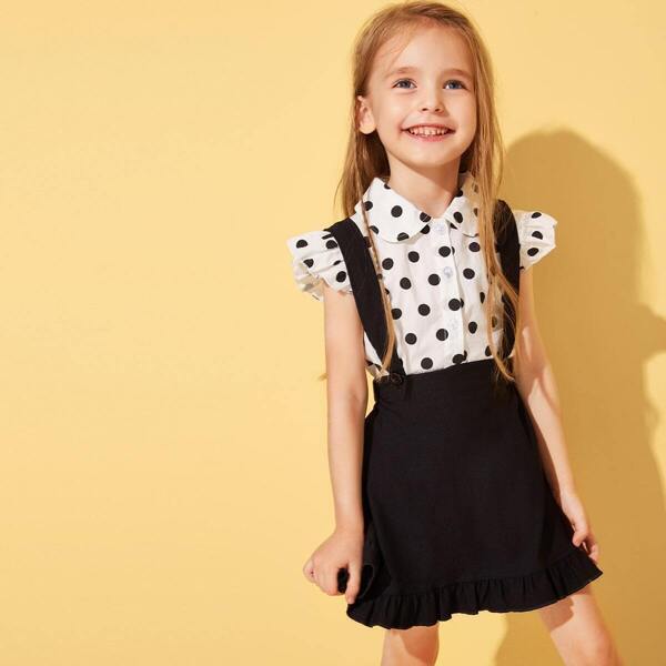 

Toddler Girls Polka Dot Cap Sleeve Blouse With Ruffle Hem Skirt, Black and white