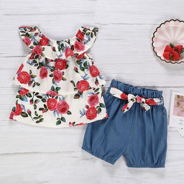 

Toddler Girls Large Floral Print Tiered Layer Top & Paperbag Shorts, Multicolor