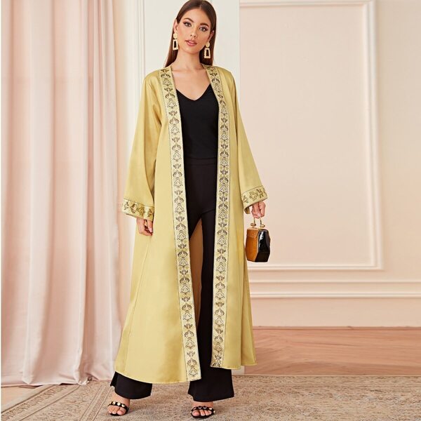 

Floral Contrast Trim Abaya, Yellow