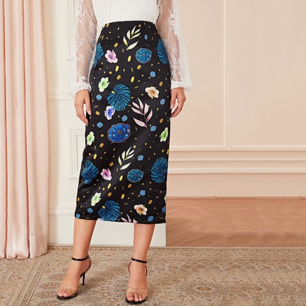 

Floral & Leaf Print Midi Skirt, Multicolor