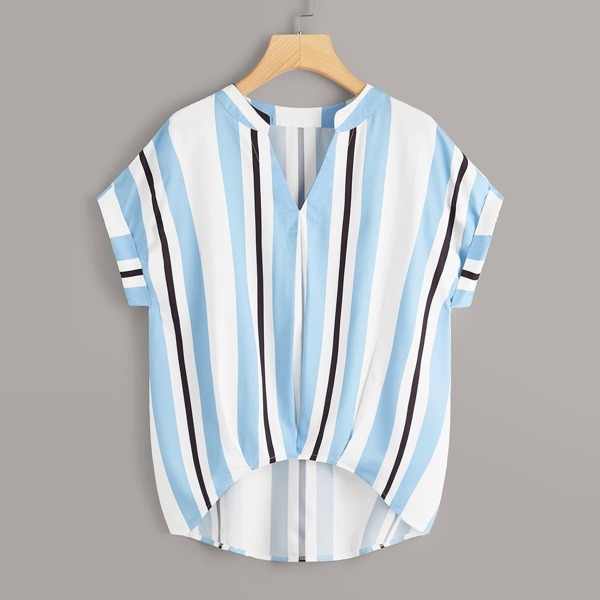 

Rolled Cuff Striped Dip Hem Blouse