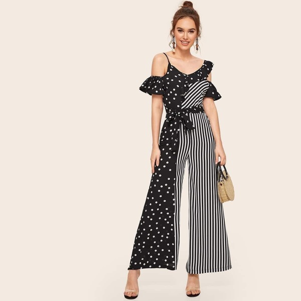 

Cold Shoulder Polka Dot Striped Wide Leg Jumpsuit