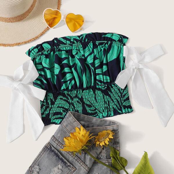 

Palm Tree Print Knot Frill Shirred Tube Top