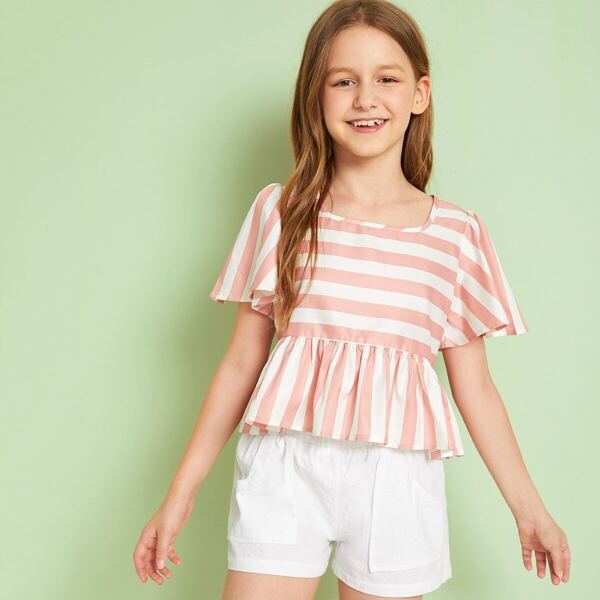 

Girls Flutter Sleeve Striped Peplum Top