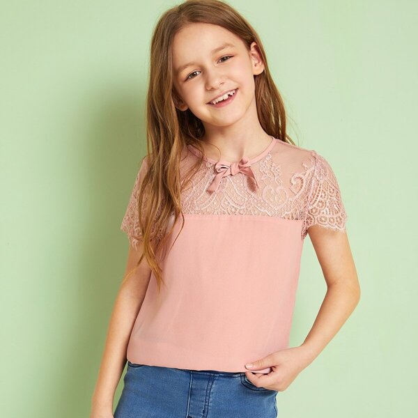 

Girls Lace Yoke Knot Front Top