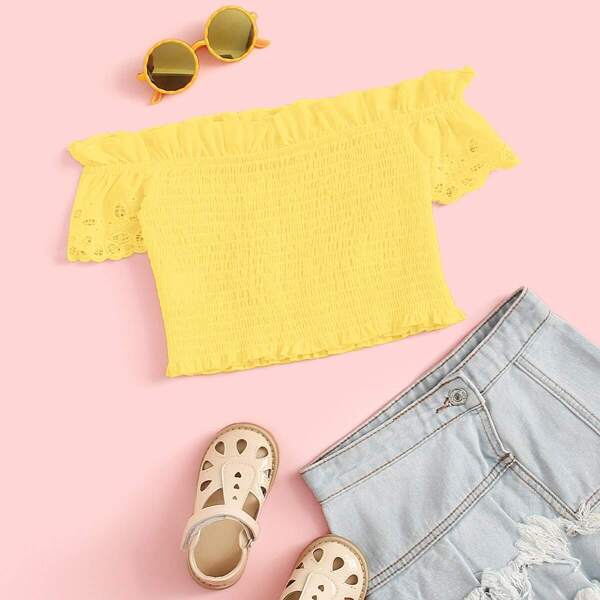 

Girls Neon Yellow Ruffle Trim Shirred Top, Yellow bright