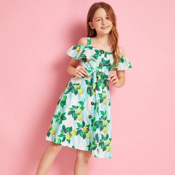 

Girls Cold Shoulder Button Front Lemon Print Dress