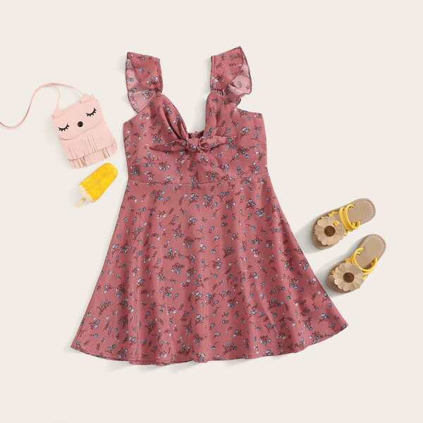

Girls Tie Front Ruffle Trim Ditsy Floral Dress