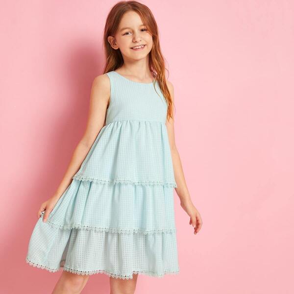 

Girls Lace Trim Tiered Layered Plaid Dress, Blue pastel