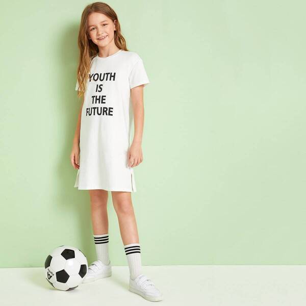 

Girls Split Side Slogan Print Tee Dress, White