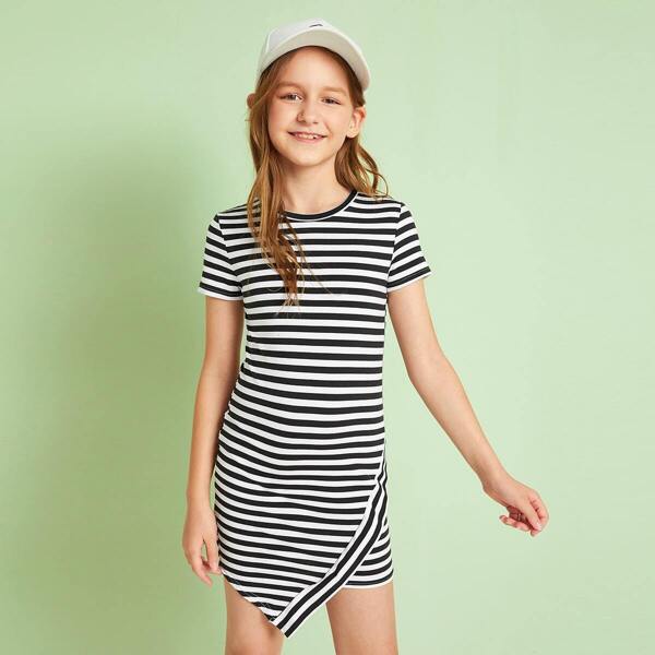 

Girls Asymmetrical Hem Striped Tee Dress