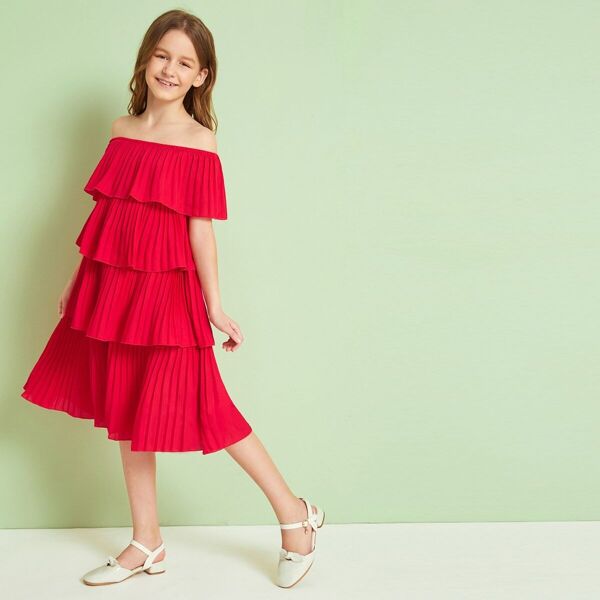 

Girls Off Shoulder Layered Pleated Ruffle Dress, Bright rose red