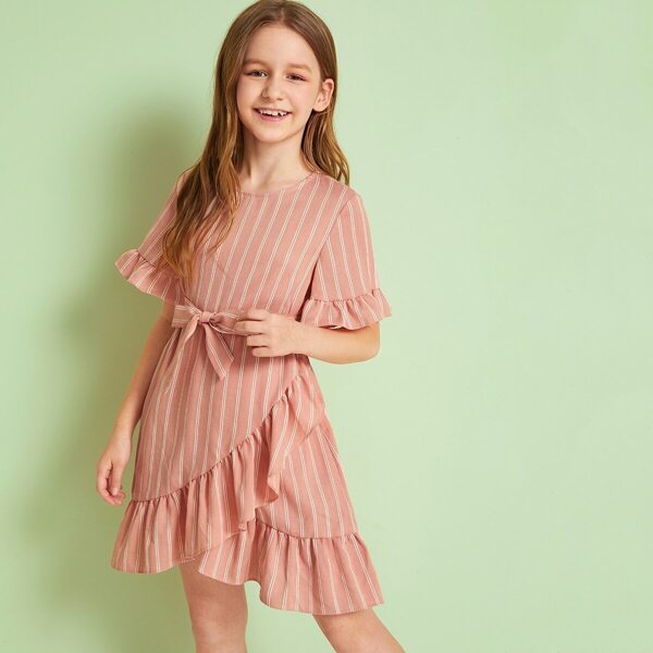 

Girls Ruffle Trim Wrap Belted Striped Dress