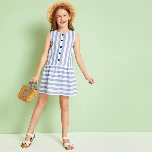 

Girls Buttoned Front Drop Waist Striped Dress