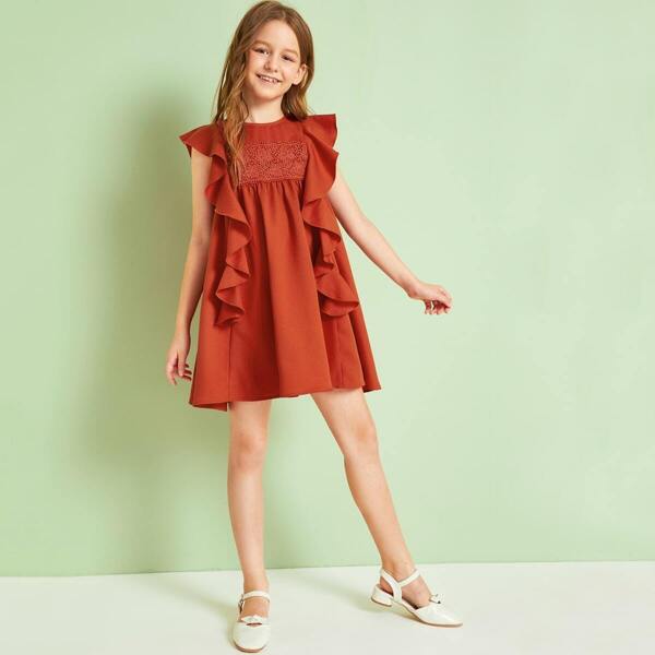 

Girls Lace Insert Ruffle Detail Babydoll Dress