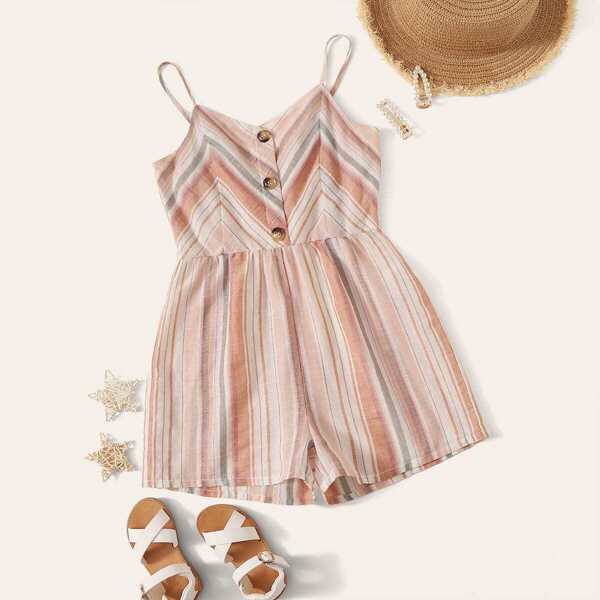 

Girls Button Front Colorful Striped Romper, Multicolor