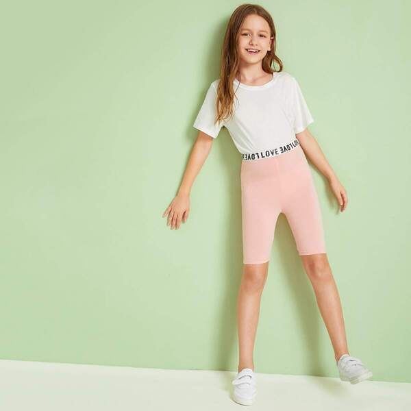 

Girls Letter Tape Waist Cycling Shorts, Pink pastel