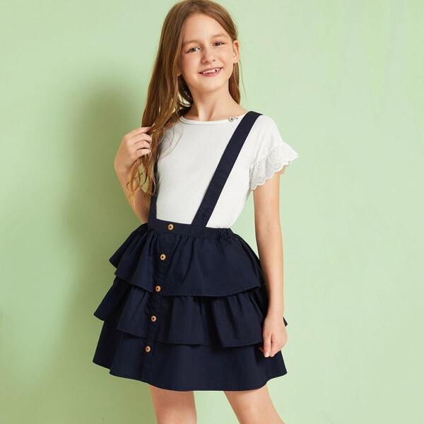 

Girls Button Front Layered Hem Skirt With Strap, Navy
