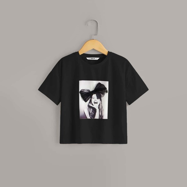 

Girls Drop Shoulder Bow Detail Figure Print Tee