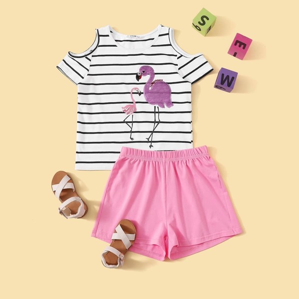 

Girls Contrast Sequin Striped Top and Shorts Set
