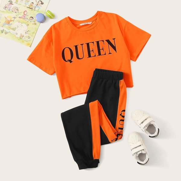 

Girls Neon Orange Letter Print Tee and Pants Set