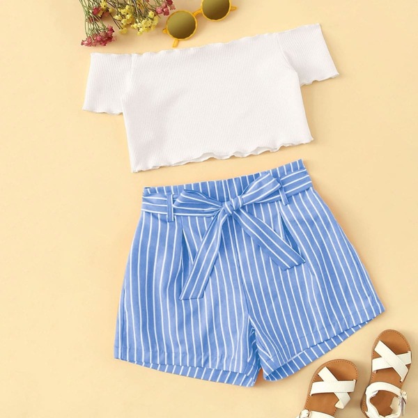 

Girls Lettuce Trim Bardot Top & Belted Striped Shorts Set, Multicolor