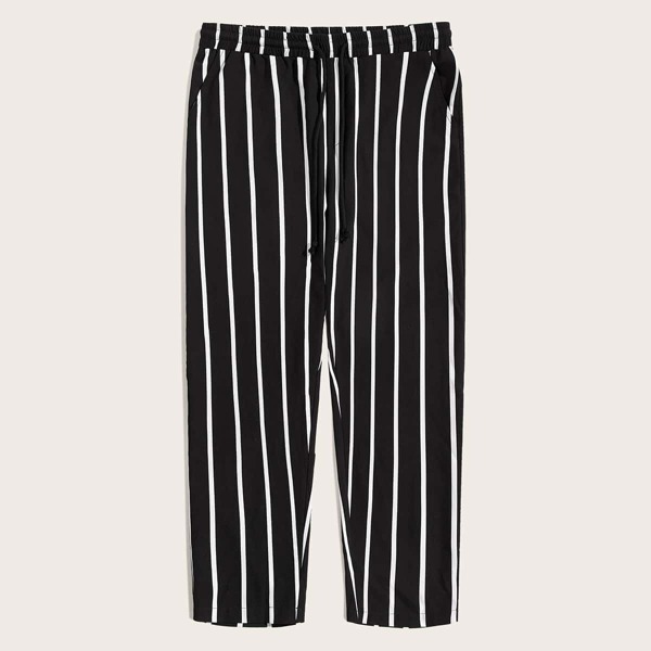 

Men Drawstring Waist Striped Pants, Black and white