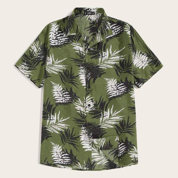 

Men Notched Collar Leaf Print Shirt