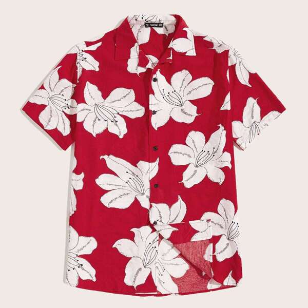 

Men Floral Print Revere Collar Shirt