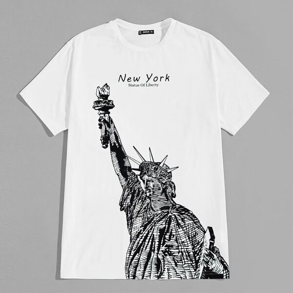 

Men Statue and Slogan Print Top
