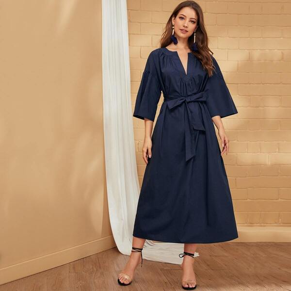 

Notch Neck Flounce Sleeve Self Belted Dress, Navy