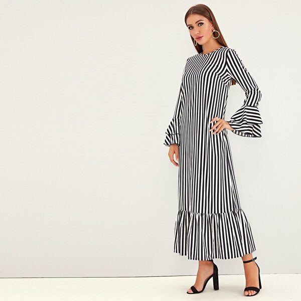 

Layered Bell Sleeve Ruffle Hem Striped Dress, Black and white