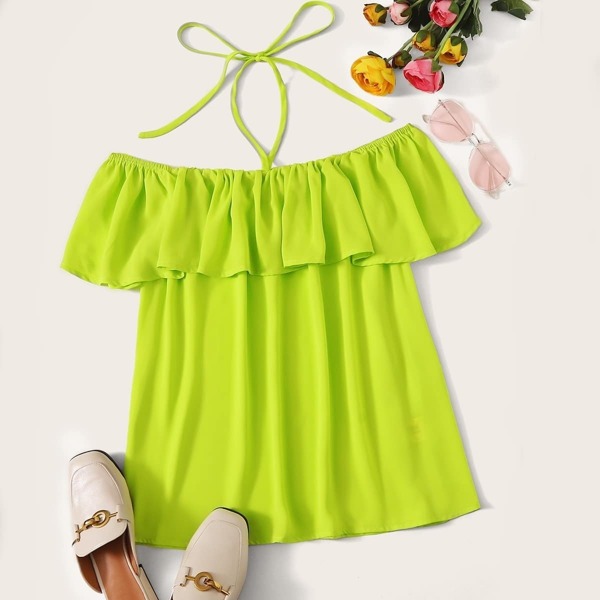 

Neon Lime Ruffle Trim Halter Neck Top