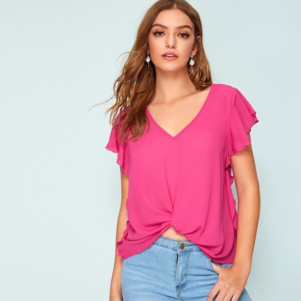 

Neon Pink V-neck Ruffle Trim Twist Top