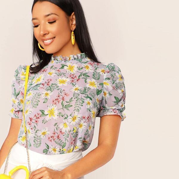 

Frill Neck Floral Print Top, Multicolor