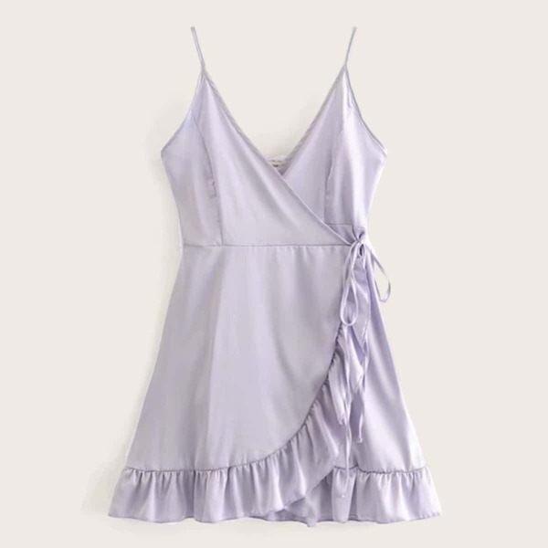 Solid Ruffle Hem Wrap Slip Dress
