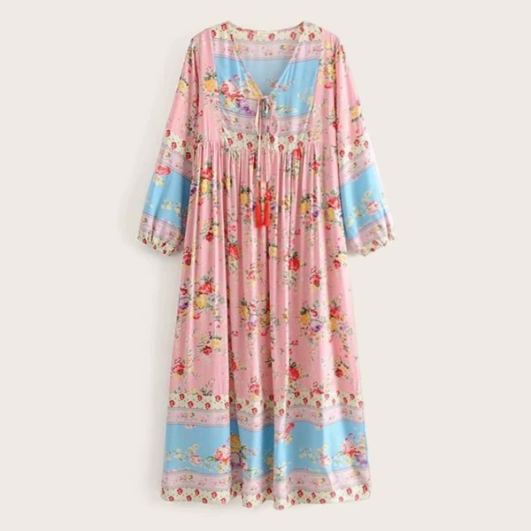 

Floral Print V-neck Fringe Knot Dress, Multicolor