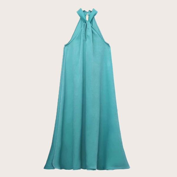 

Solid Keyhole Back Trapeze Halter Dress