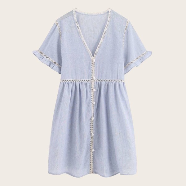 

Frill Trim Pompom Front Stitch Striped Dress, Blue