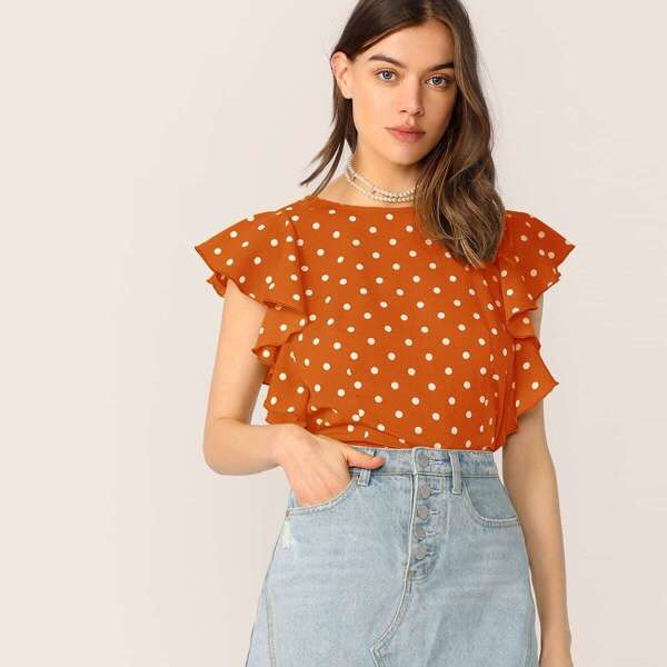 

Ruffle Trim Polka Dot Print Top
