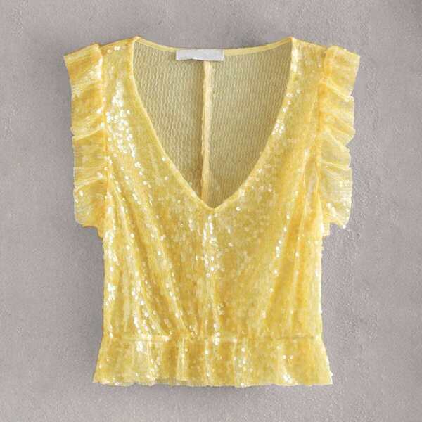 

Ruffle Trim V-neck Sequin Top