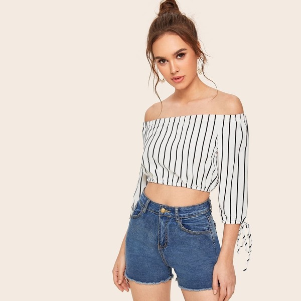 

Vertical-striped Off-shoulder Knot Cuff Top
