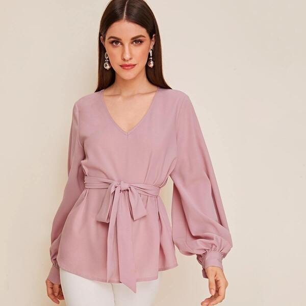 

V-neck Lantern Sleeve Belted Top