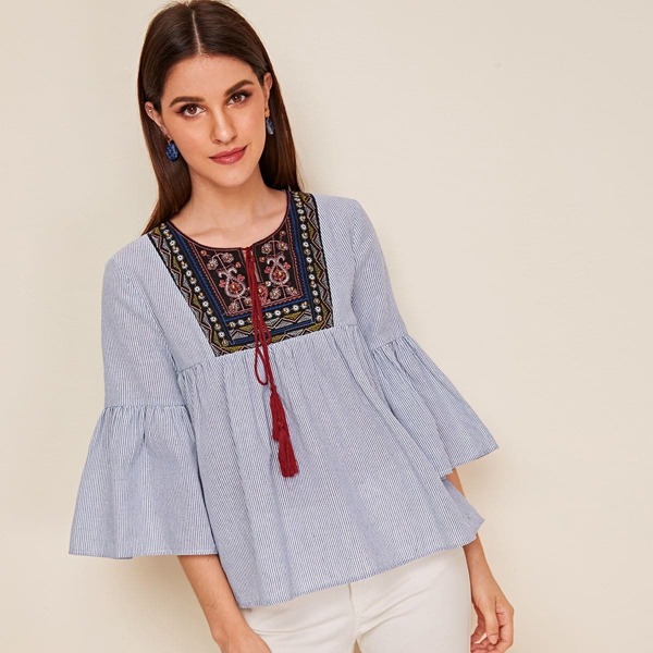 

Beaded Embroidery Front Striped Peasant Top