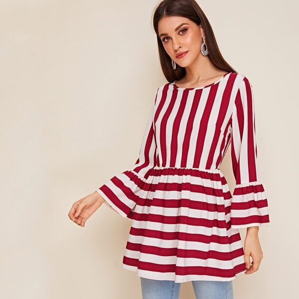 

Flounce Sleeve Ruffle Hem Striped Top, Multicolor
