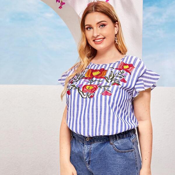 

Plus Floral Embroidery Front Ruffle Cuff Striped Top