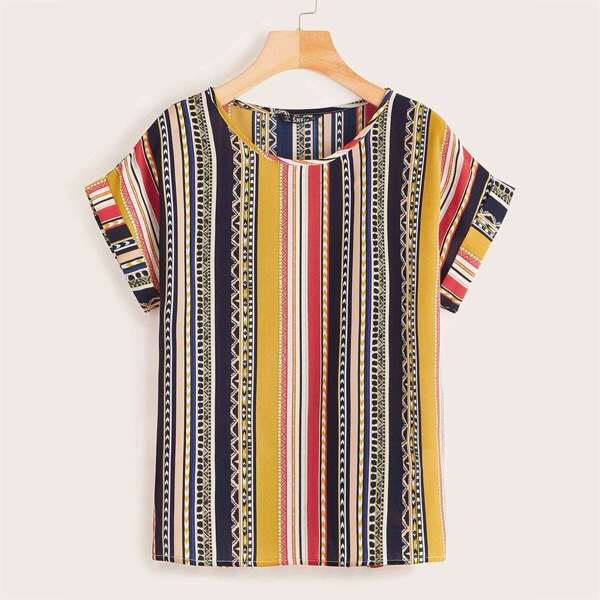 

Cuffed Sleeve Aztec Print Top