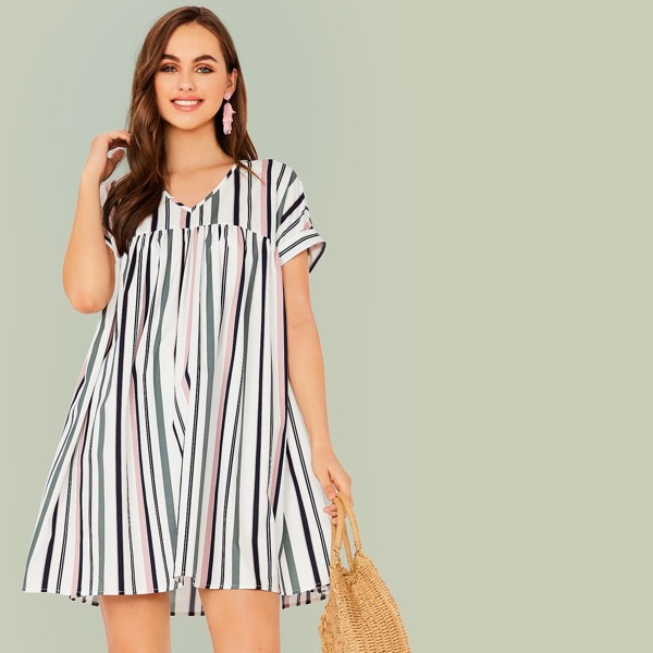 

V-neck High Waist Cuff Sleeve Striped Dress